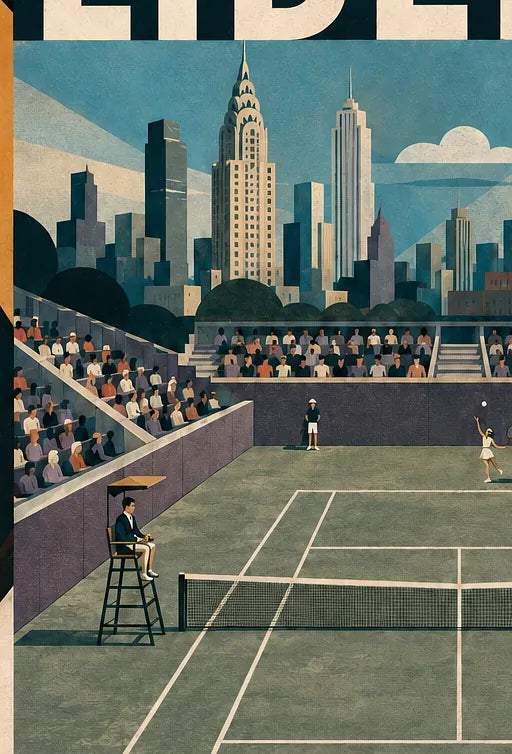 Affiche New York Tennis Liberty Tennis 1976 Femme Har-Tru Court View, affiche Art déco de tennis new-yorkaise