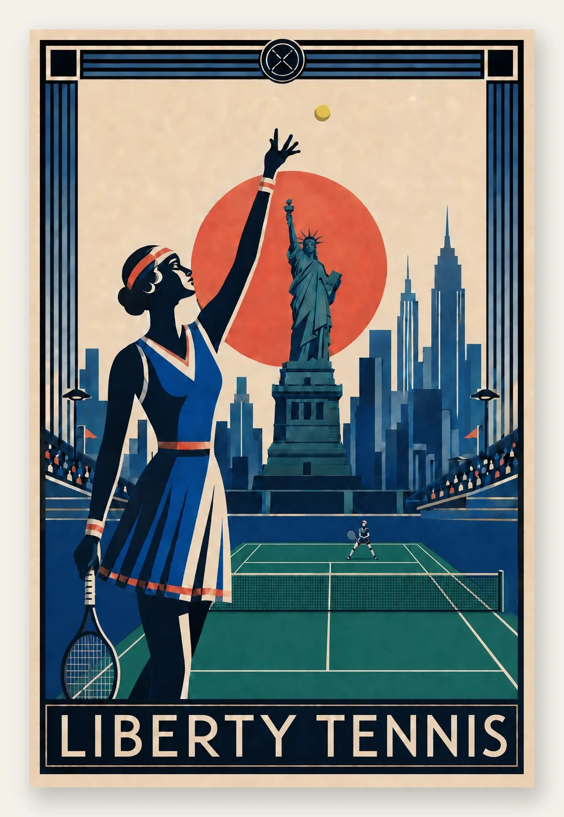 Affiche New York Tennis Liberty Tennis Femme service, affiche Art déco de tennis new-yorkaise