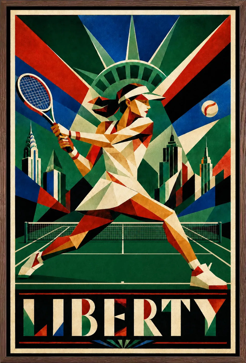 Affiche New York Tennis Femme Liberty revers, affiche Art déco de tennis new-yorkaise