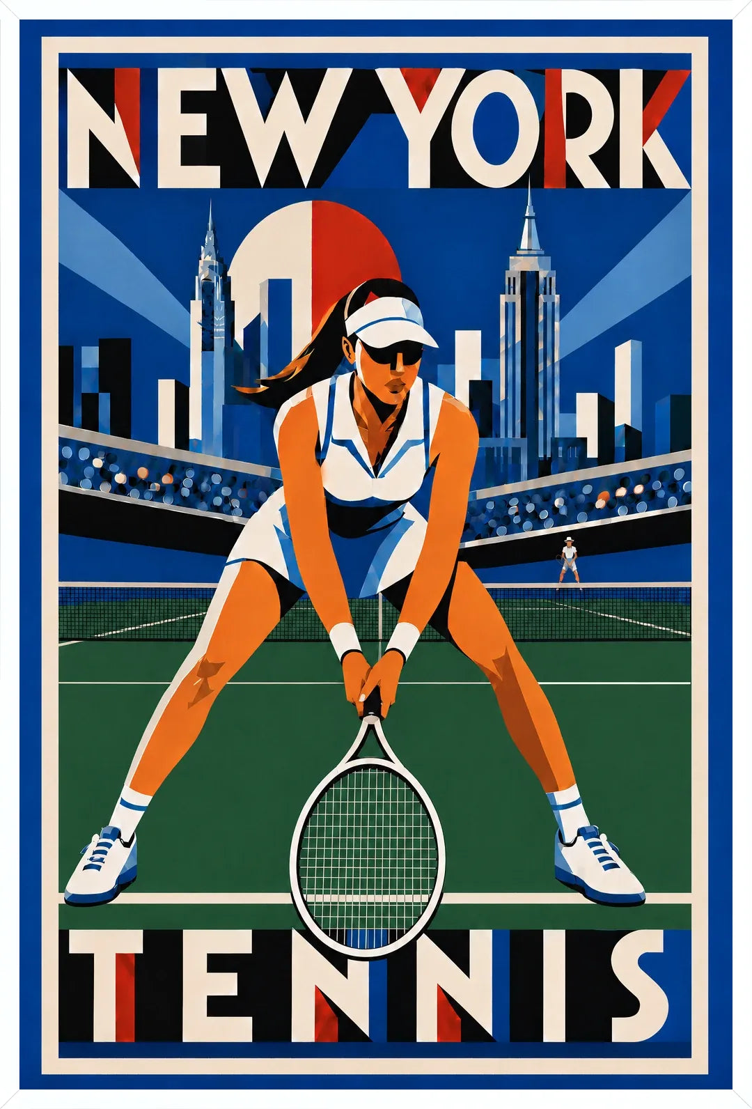 Affiche New York Tennis New York Tennis Femme Crouched revers, affiche Art déco de tennis new-yorkaise