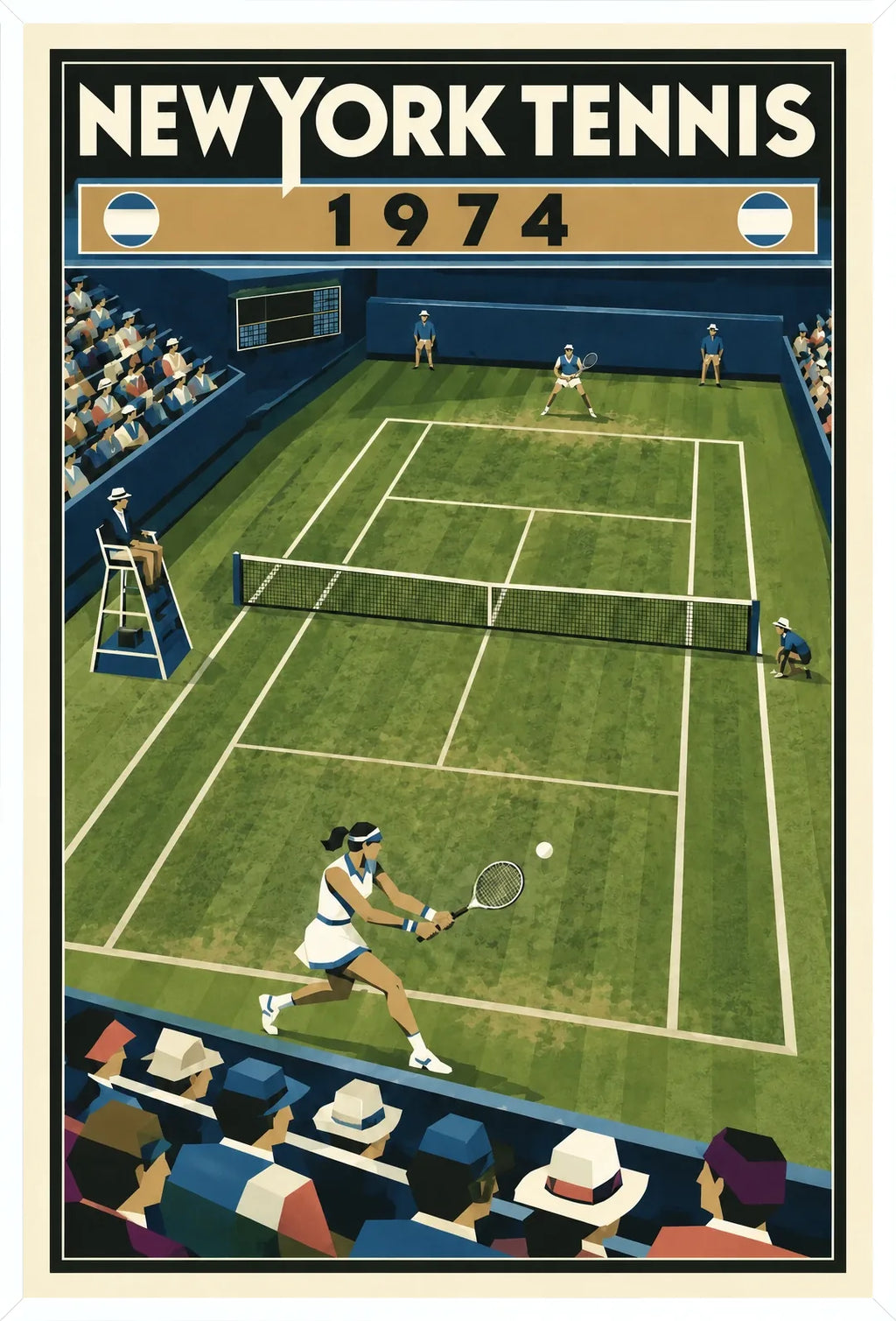 Affiche New York Tennis New York Tennis 1974 gazon revers croisé, affiche Art déco de tennis new-yorkaise