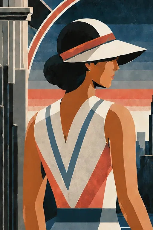 Affiche New York Tennis Femme Art Deco portrait sur court 3, affiche Art déco de tennis new-yorkaise