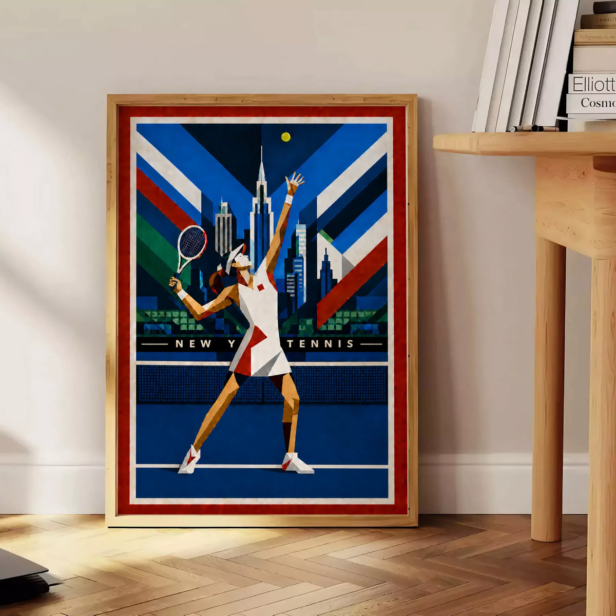 Affiche New York Tennis Geometric Femme service vers le trophée, affiche Art déco de tennis new-yorkaise