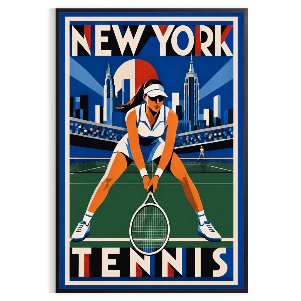 Affiche New York Tennis New York Tennis Femme Crouched revers, affiche Art déco de tennis new-yorkaise