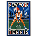 Affiche New York Tennis New York Tennis Femme Crouched revers, affiche Art déco de tennis new-yorkaise