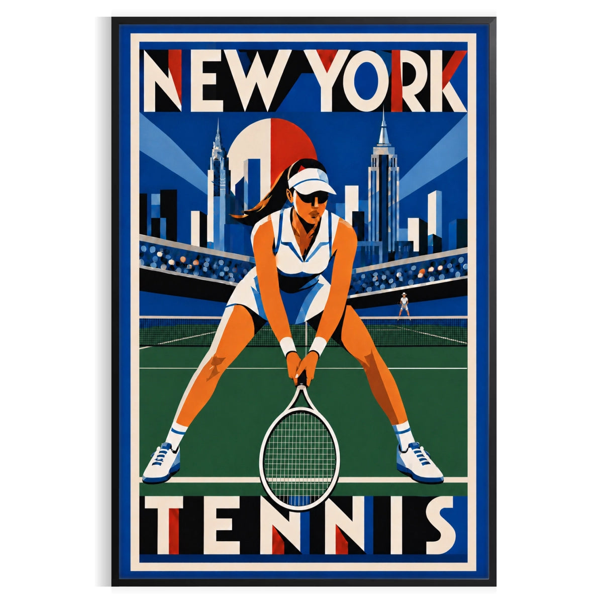 Affiche New York Tennis New York Tennis Femme Crouched revers, affiche Art déco de tennis new-yorkaise