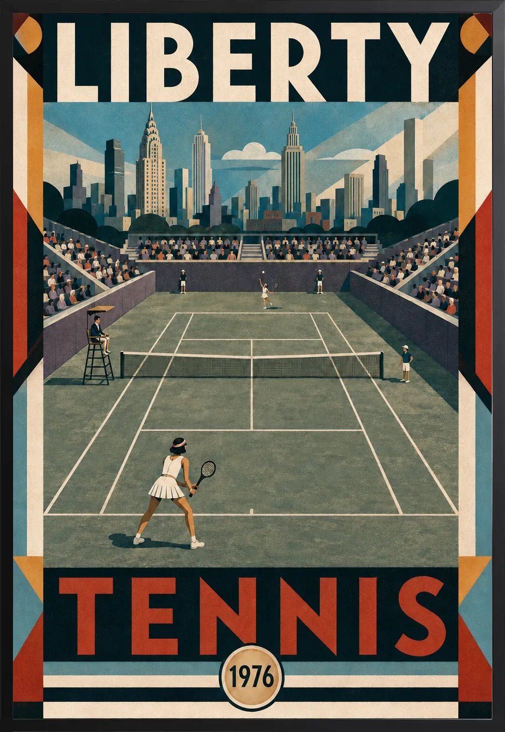 Affiche New York Tennis Liberty Tennis 1976 Femme Har-Tru Court View, affiche Art déco de tennis new-yorkaise