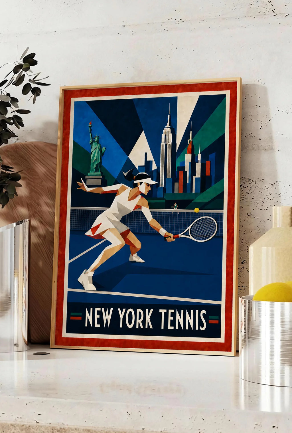 Affiche New York Tennis Geometric Femme Low demi-volée, affiche Art déco de tennis new-yorkaise