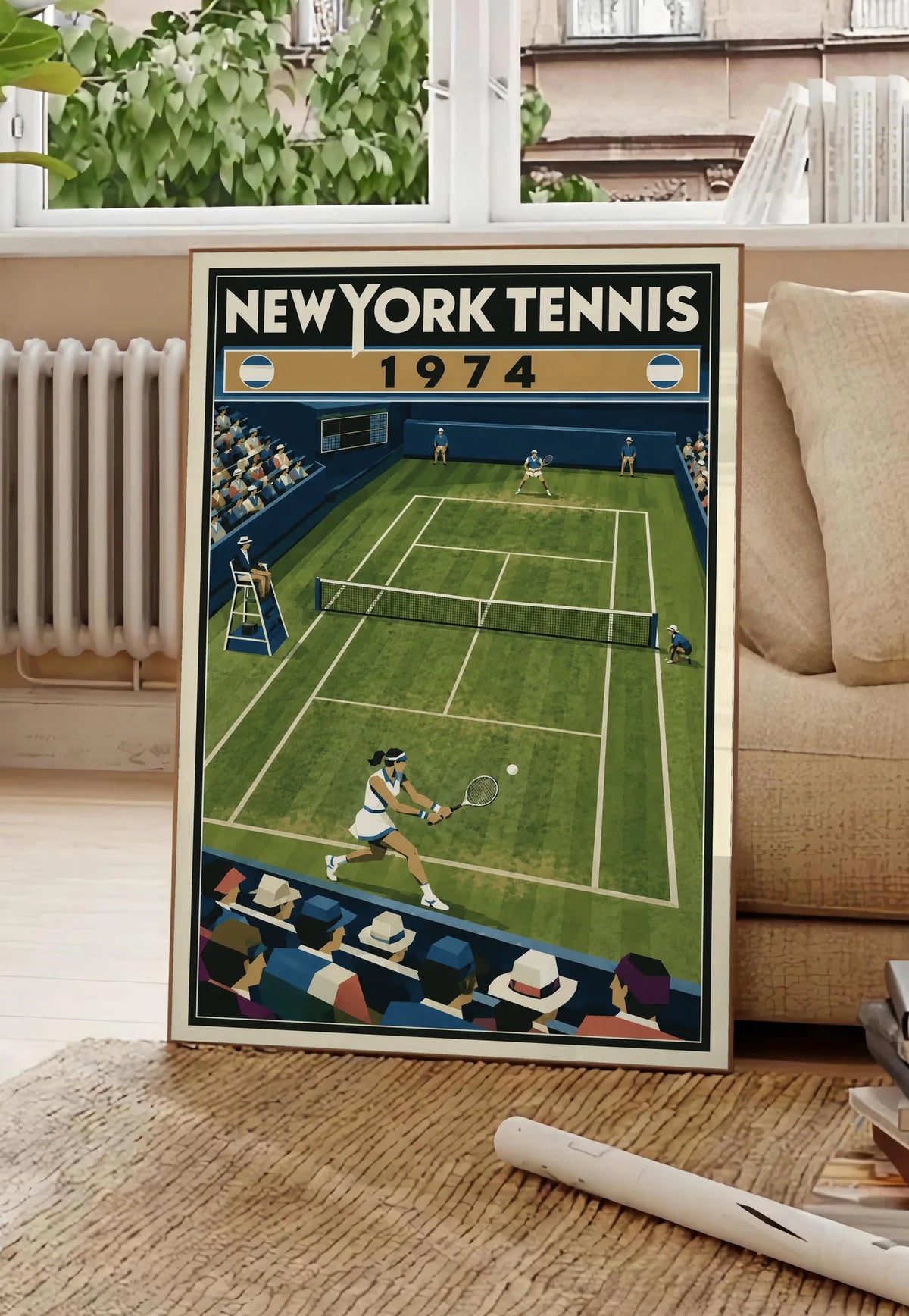 Affiche New York Tennis New York Tennis 1974 gazon revers croisé, affiche Art déco de tennis new-yorkaise