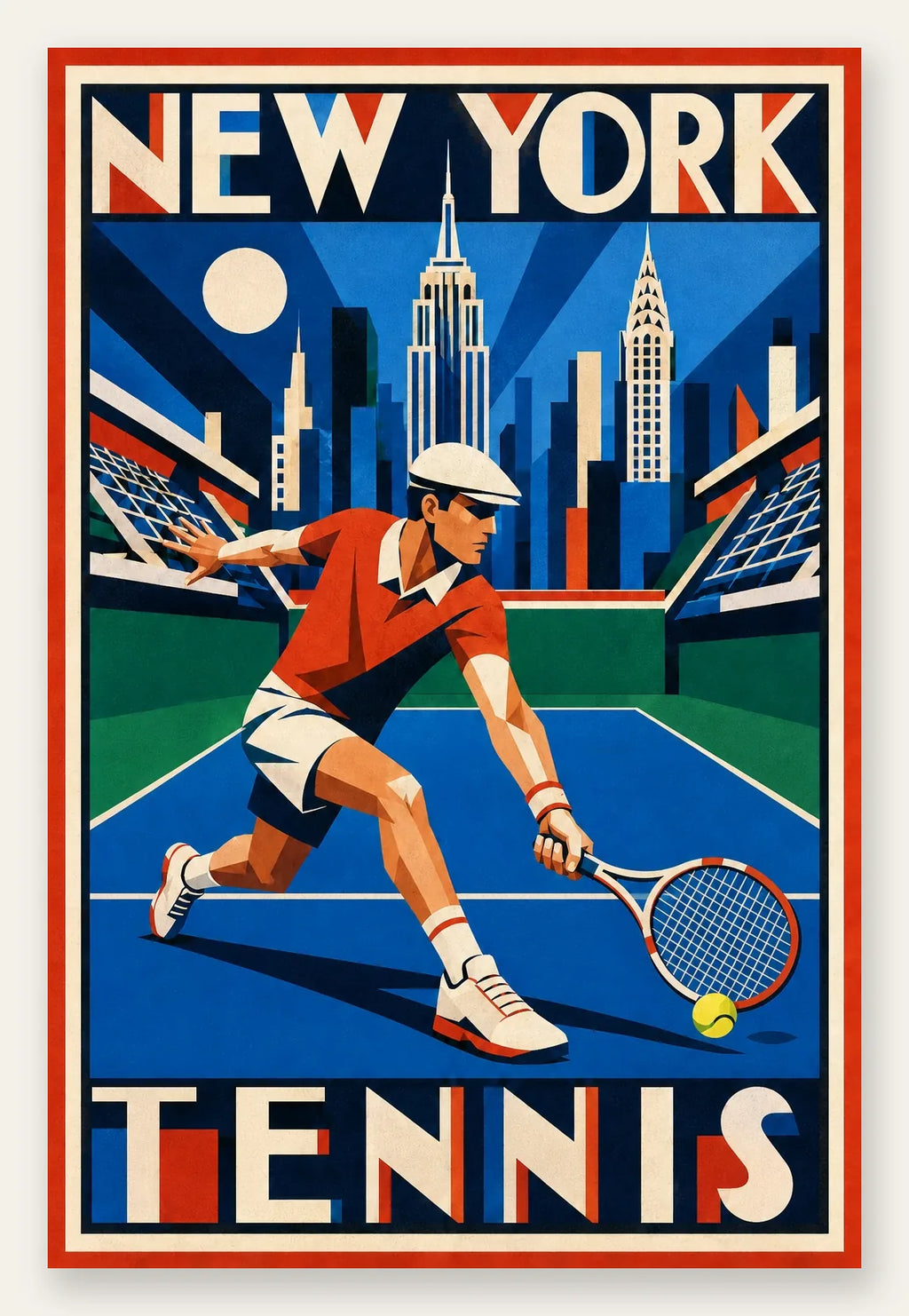 Affiche New York Tennis New York Tennis Homme slice bas, affiche Art déco de tennis new-yorkaise