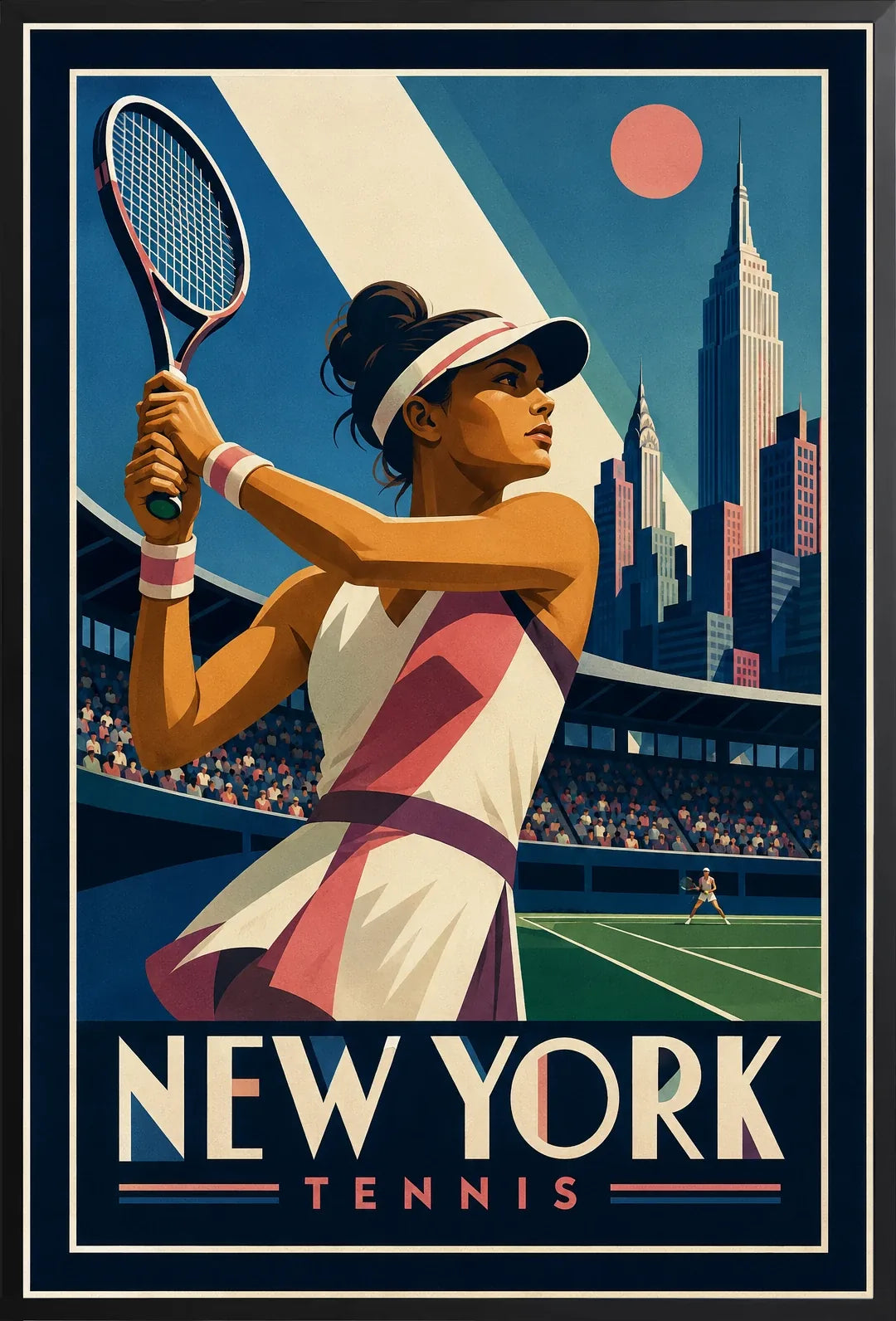 Affiche New York Tennis Tennis Female revers à deux mains Finish, affiche Art déco de tennis new-yorkaise