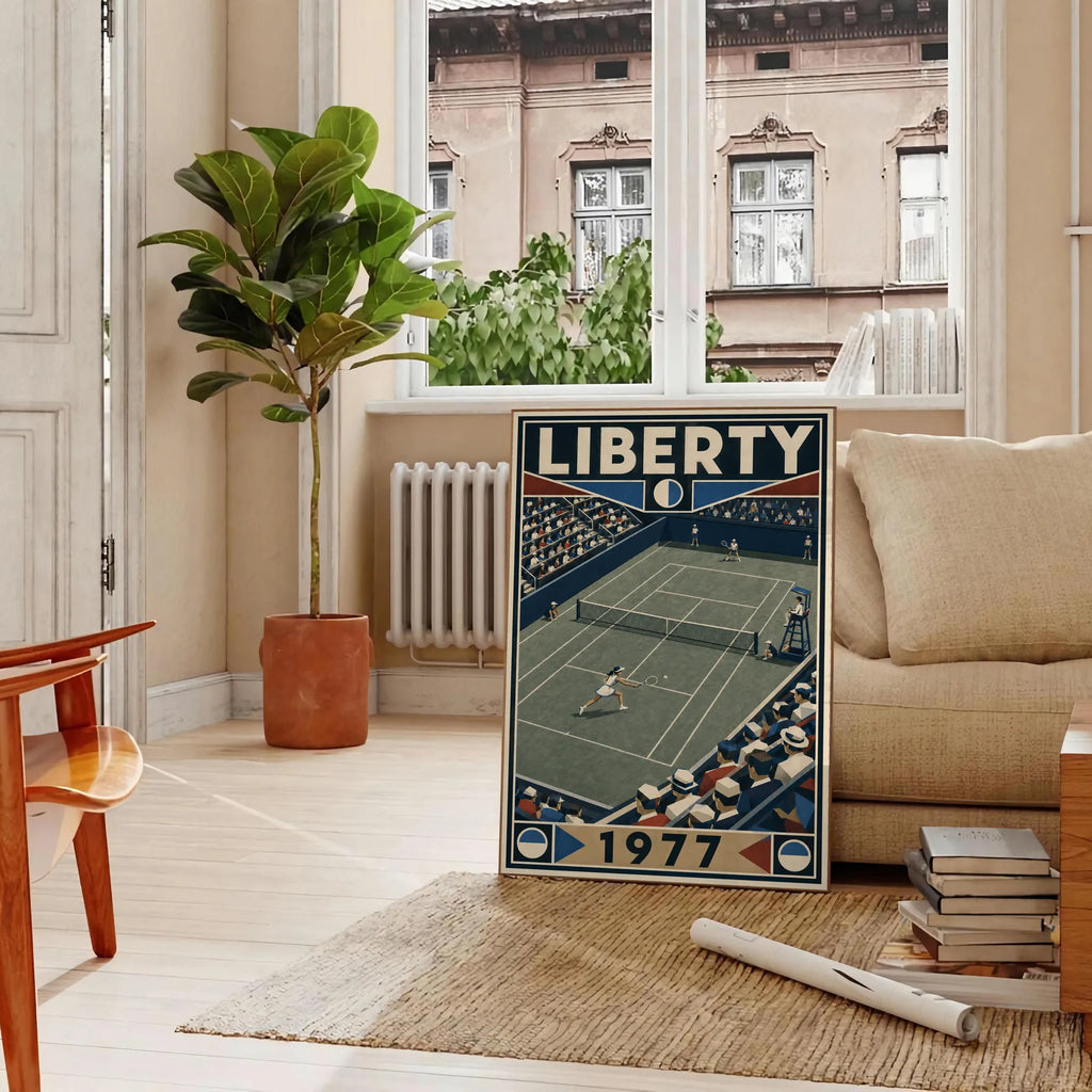 Affiche New York Tennis Liberty Tennis 1977 Femme Har-Tru dernière année, affiche Art déco de tennis new-yorkaise