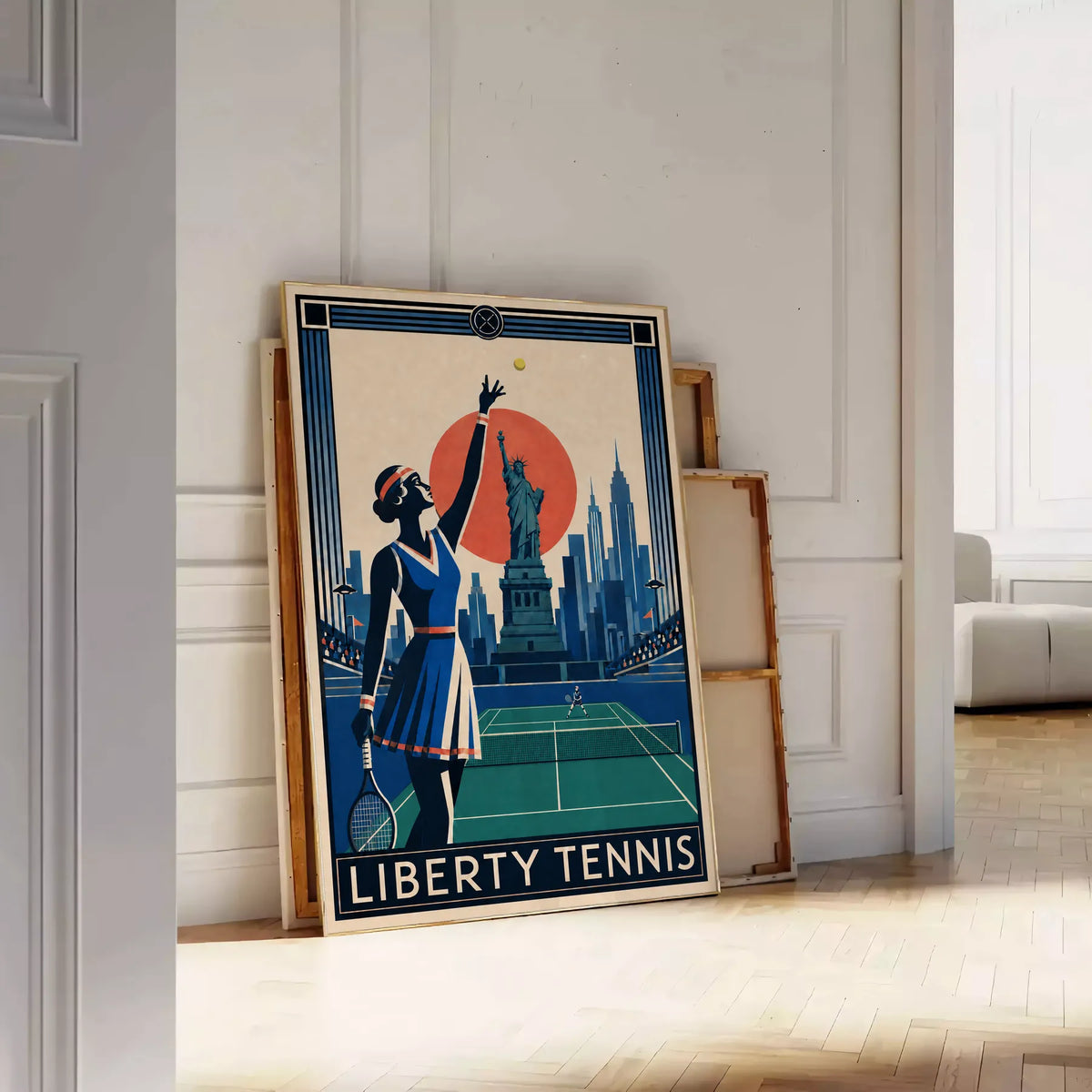 Affiche New York Tennis Liberty Tennis Femme service, affiche Art déco de tennis new-yorkaise