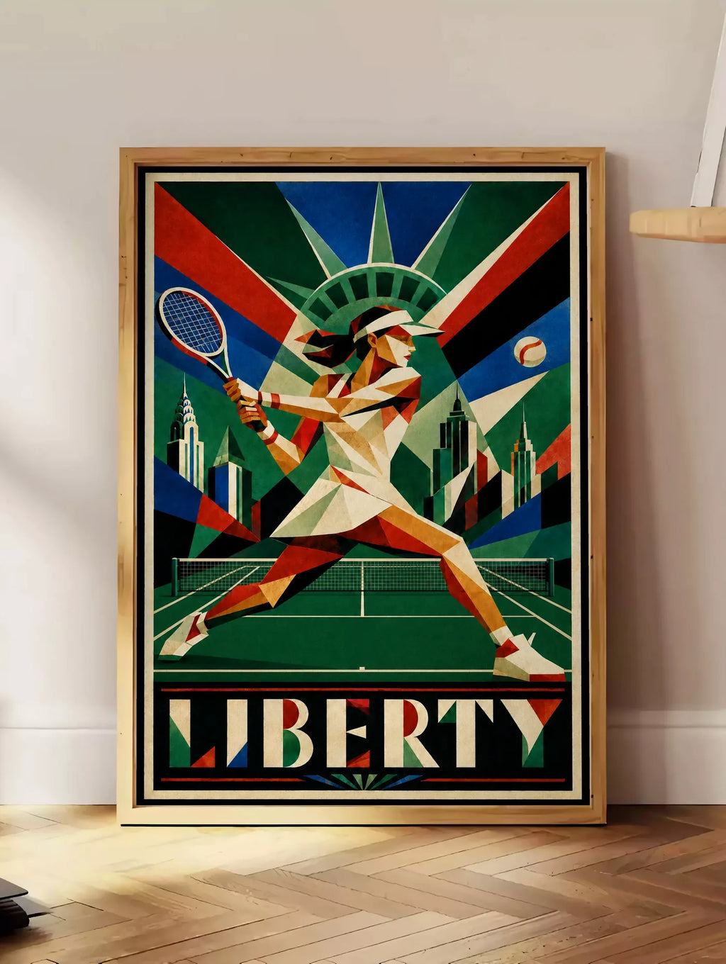 Affiche New York Tennis Femme Liberty revers, affiche Art déco de tennis new-yorkaise