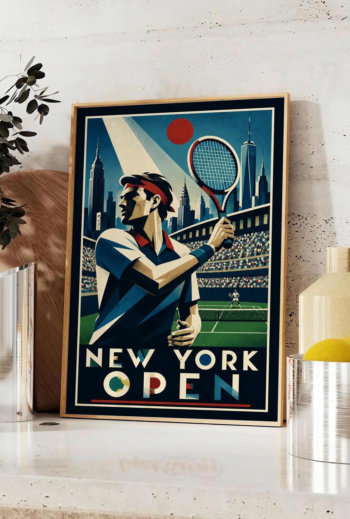 Affiche New York Tennis Open Male High Forehand Finish, affiche Art déco de tennis new-yorkaise