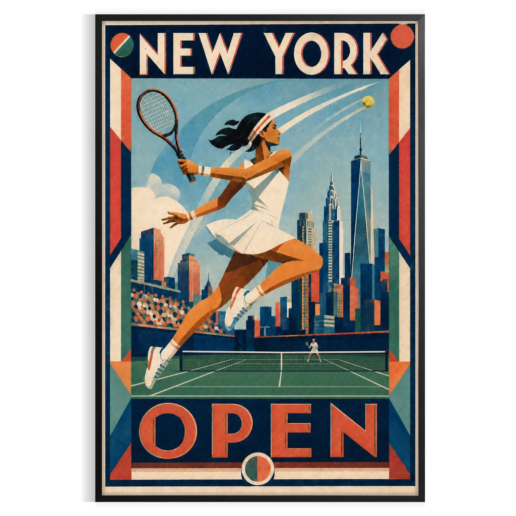 Affiche New York Tennis Open Female Leaping One Hand revers, affiche Art déco de tennis new-yorkaise