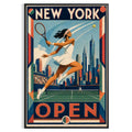 Affiche New York Tennis Open Female Leaping One Hand revers, affiche Art déco de tennis new-yorkaise