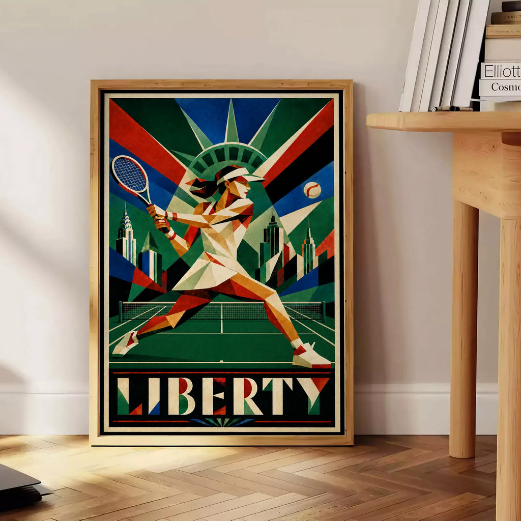 Affiche New York Tennis Femme Liberty revers, affiche Art déco de tennis new-yorkaise