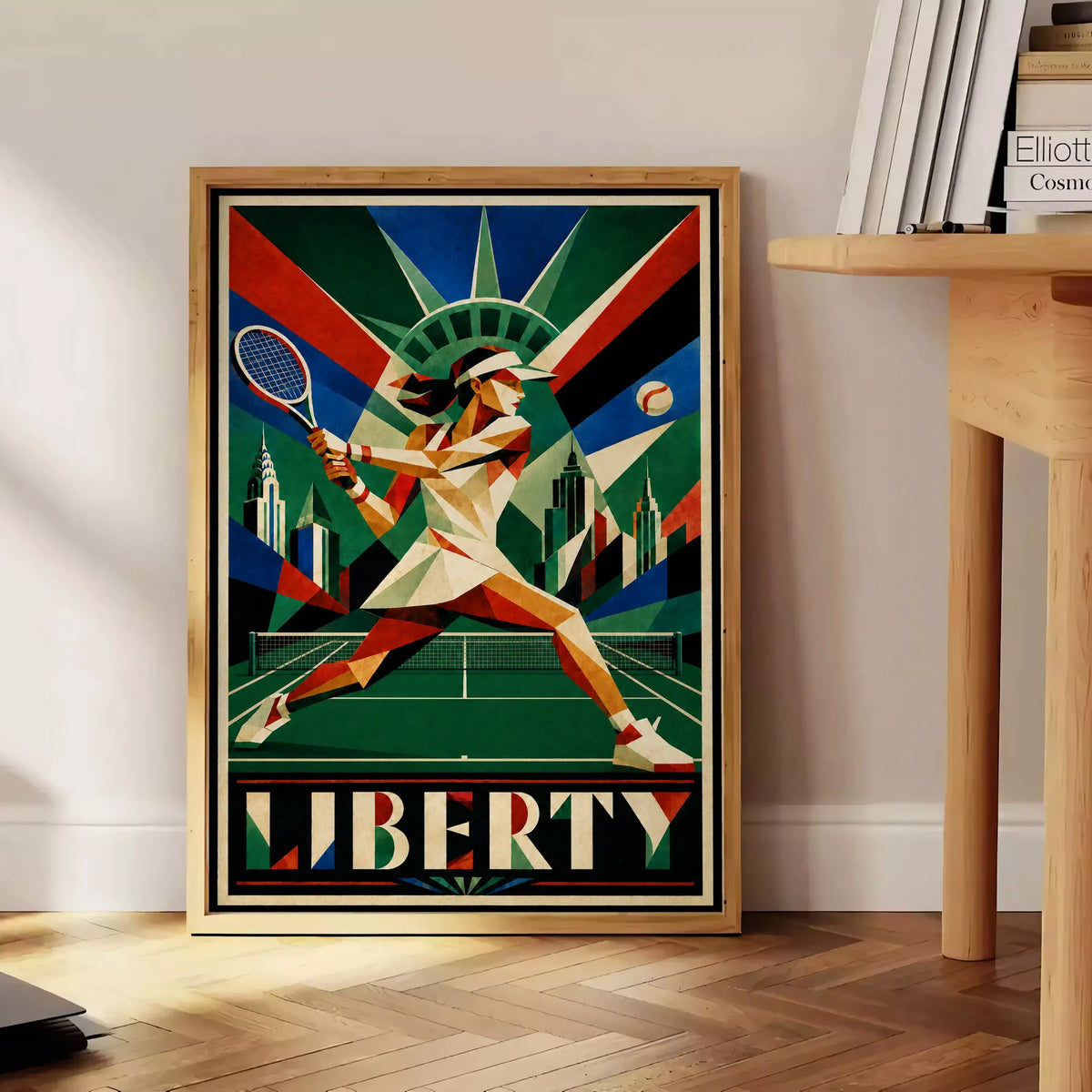 Affiche New York Tennis Femme Liberty revers, affiche Art déco de tennis new-yorkaise