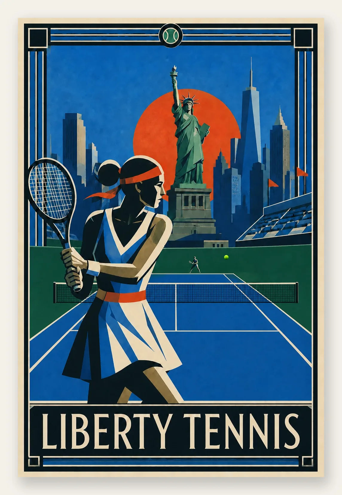 Affiche New York Tennis Liberty Femme revers à deux mains, affiche Art déco de tennis new-yorkaise
