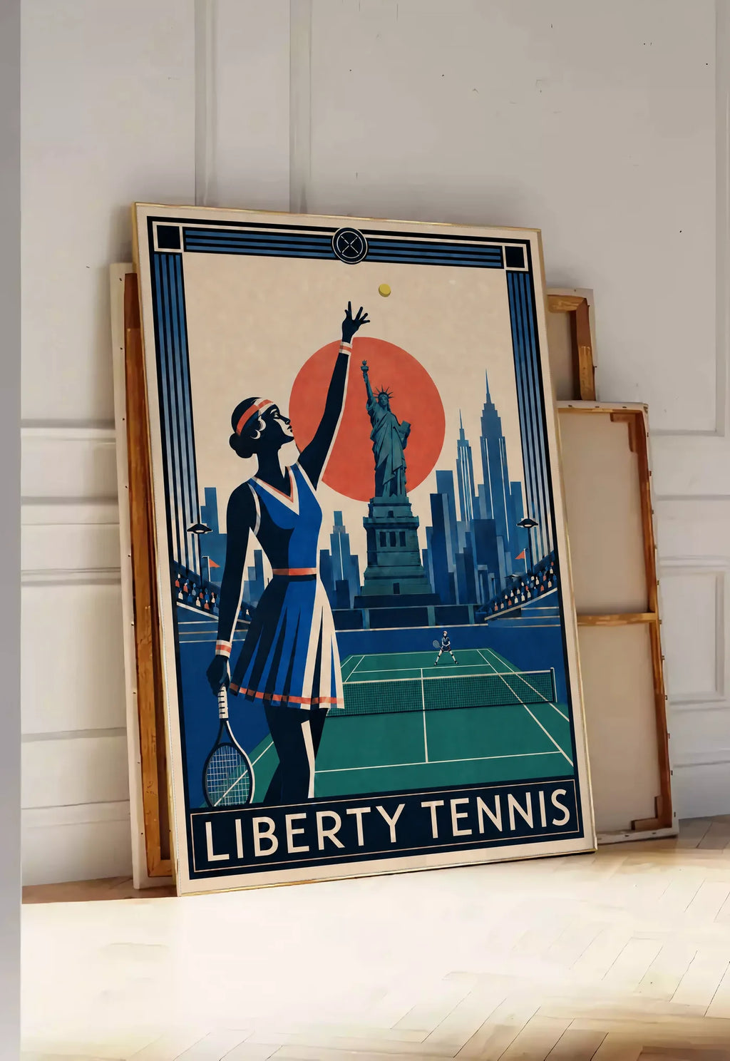 Affiche New York Tennis Liberty Tennis Femme service, affiche Art déco de tennis new-yorkaise