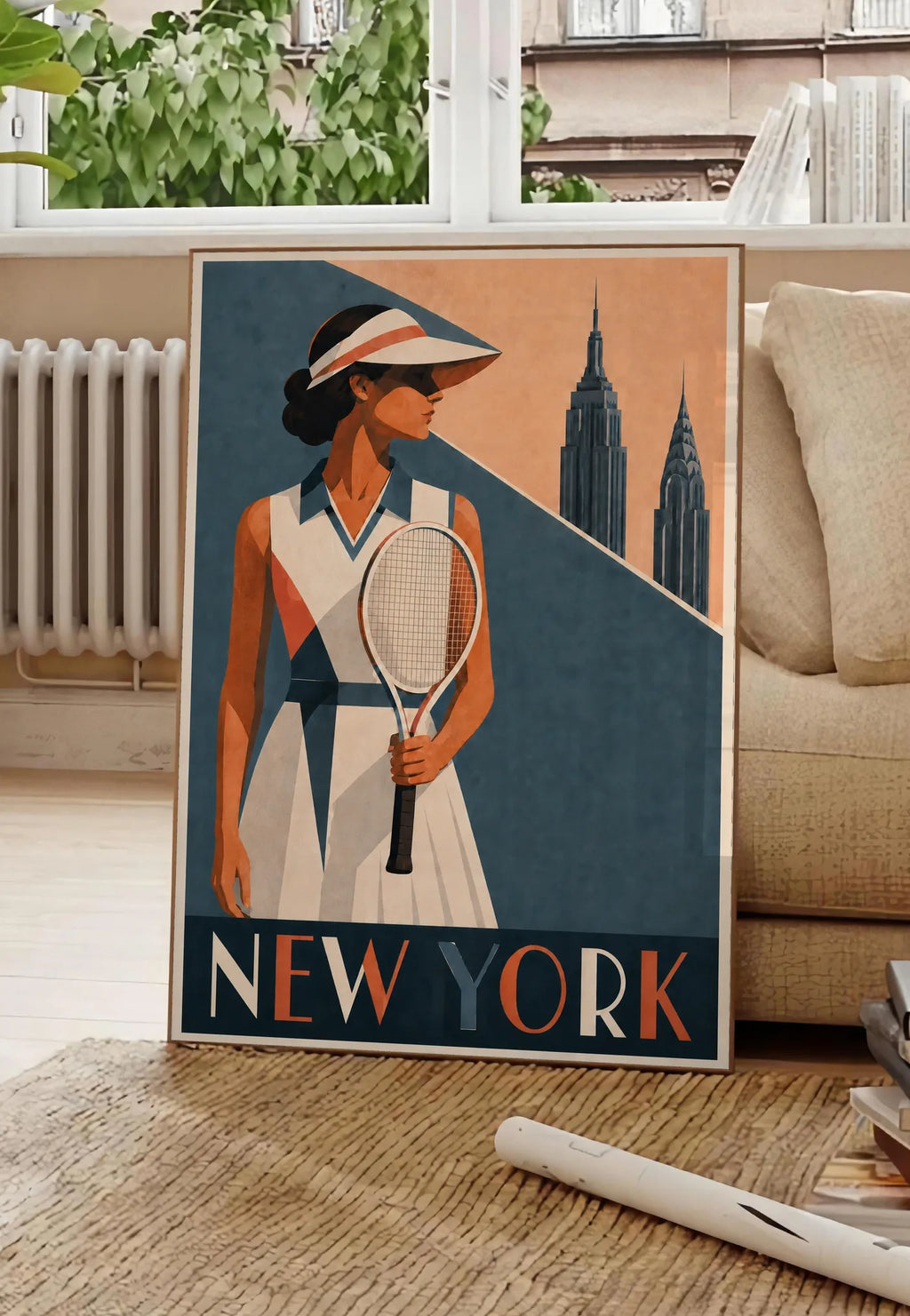 Affiche New York Tennis Femme Coral profil, affiche Art déco de tennis new-yorkaise