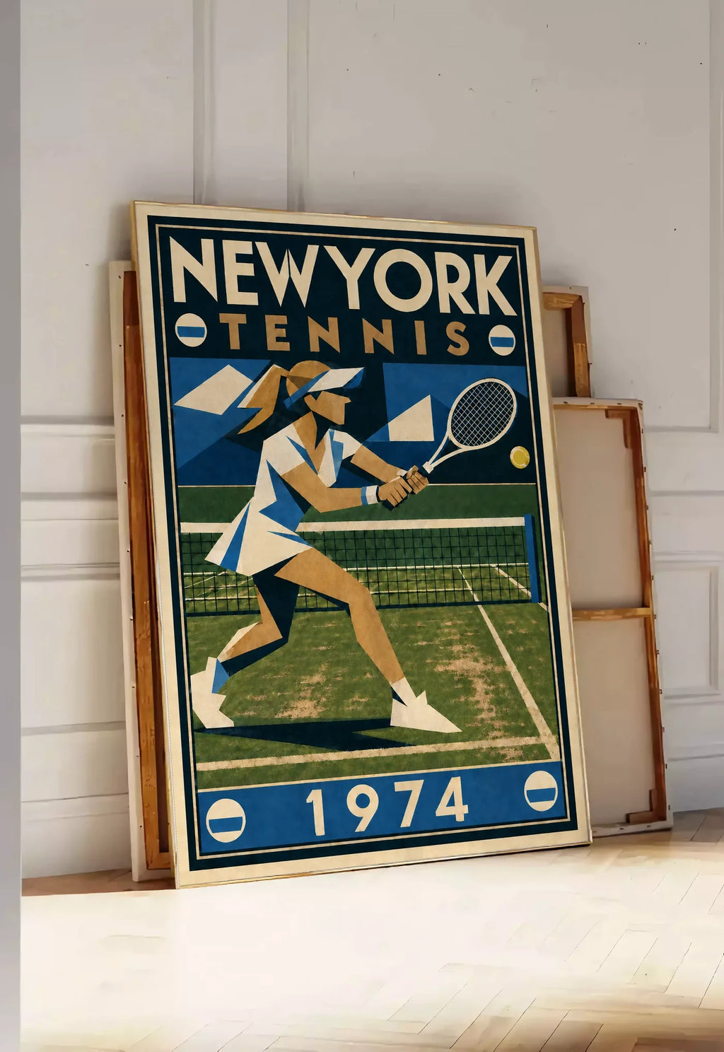 Affiche New York Tennis New York Tennis 1974 Femme gazon volée, affiche Art déco de tennis new-yorkaise