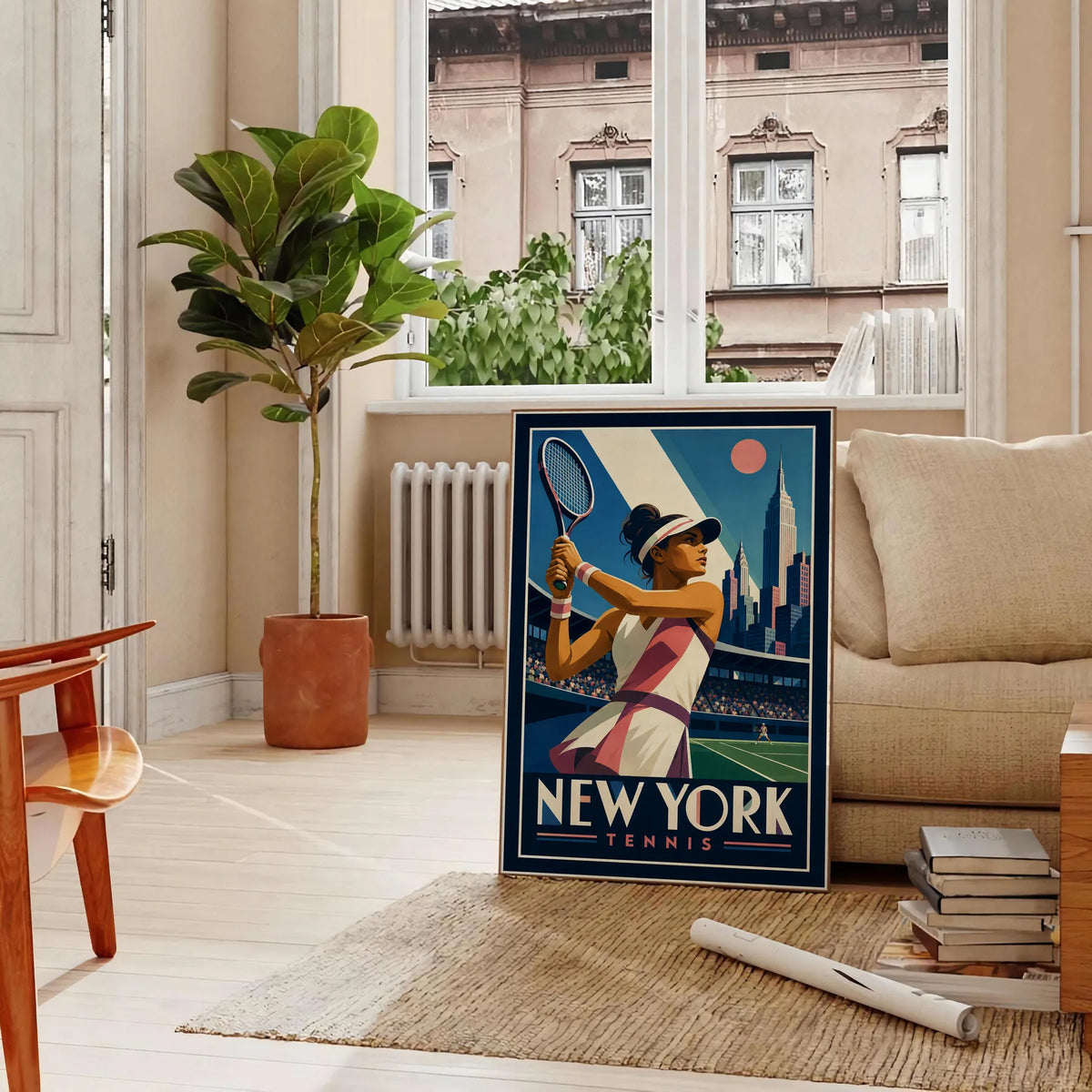Affiche New York Tennis Tennis Female revers à deux mains Finish, affiche Art déco de tennis new-yorkaise