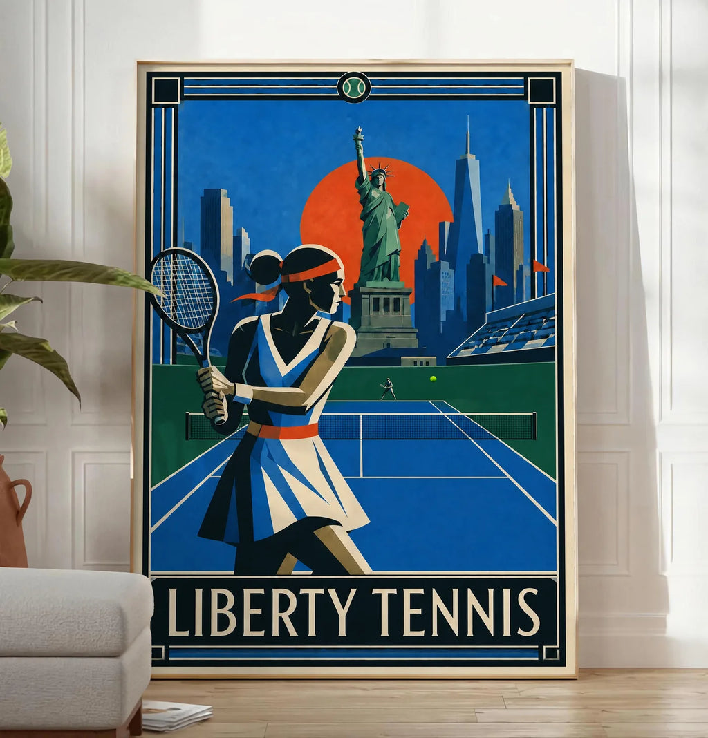 Affiche New York Tennis Liberty Femme revers à deux mains, affiche Art déco de tennis new-yorkaise