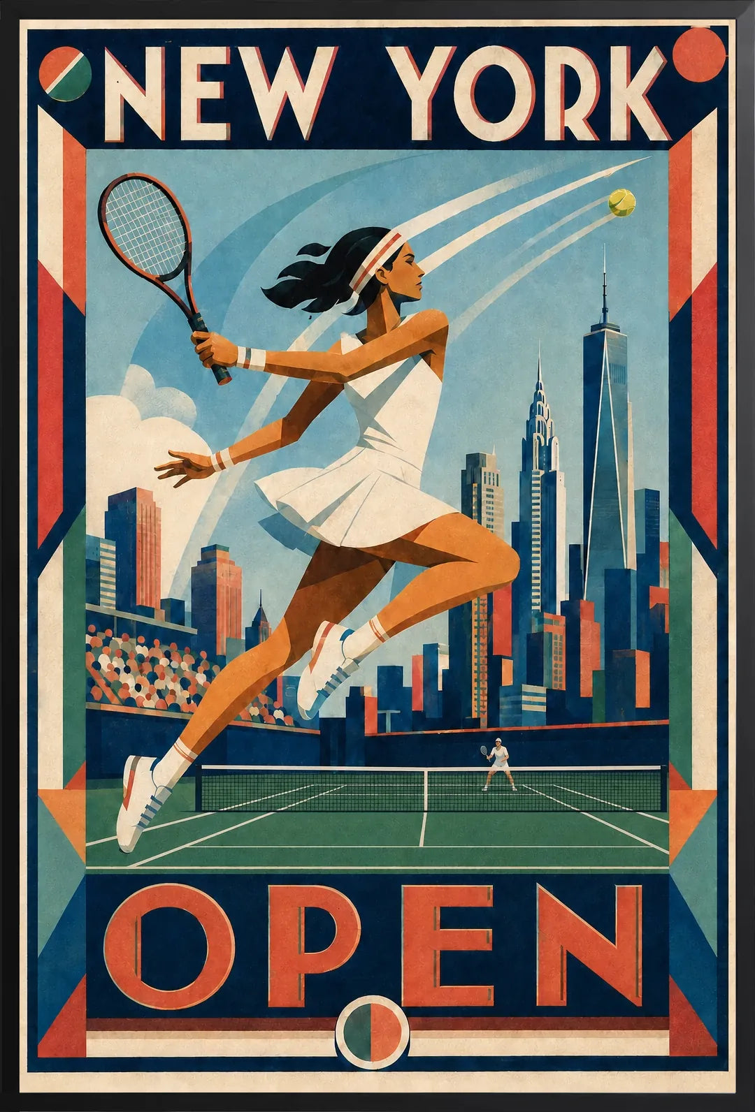 Affiche New York Tennis Open Female Leaping One Hand revers, affiche Art déco de tennis new-yorkaise