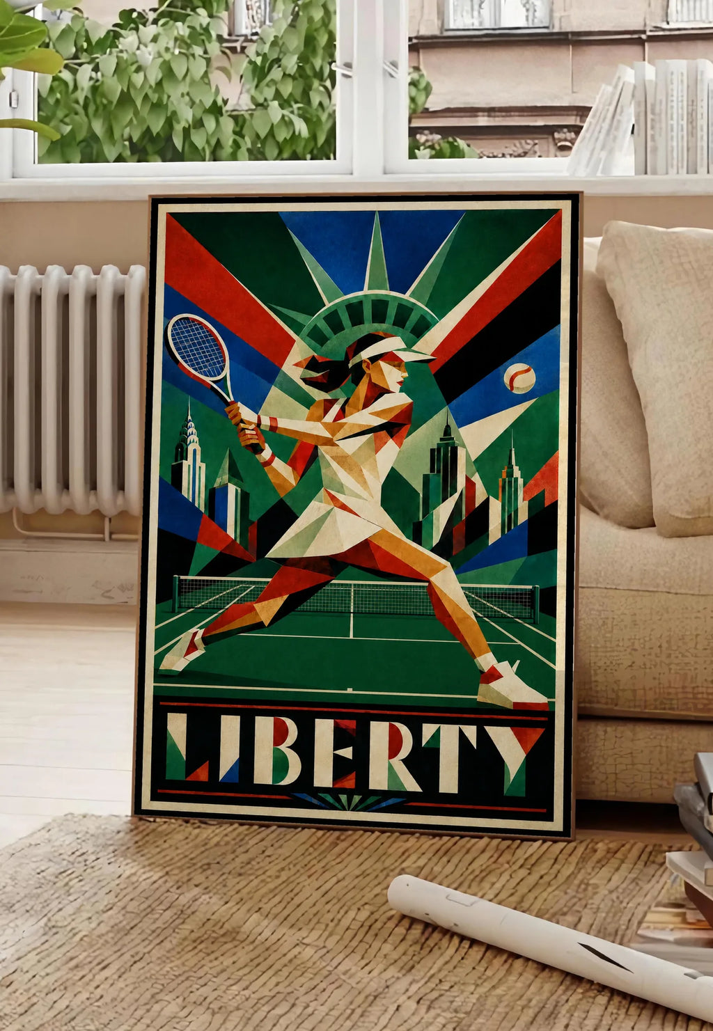 Affiche New York Tennis Femme Liberty revers, affiche Art déco de tennis new-yorkaise