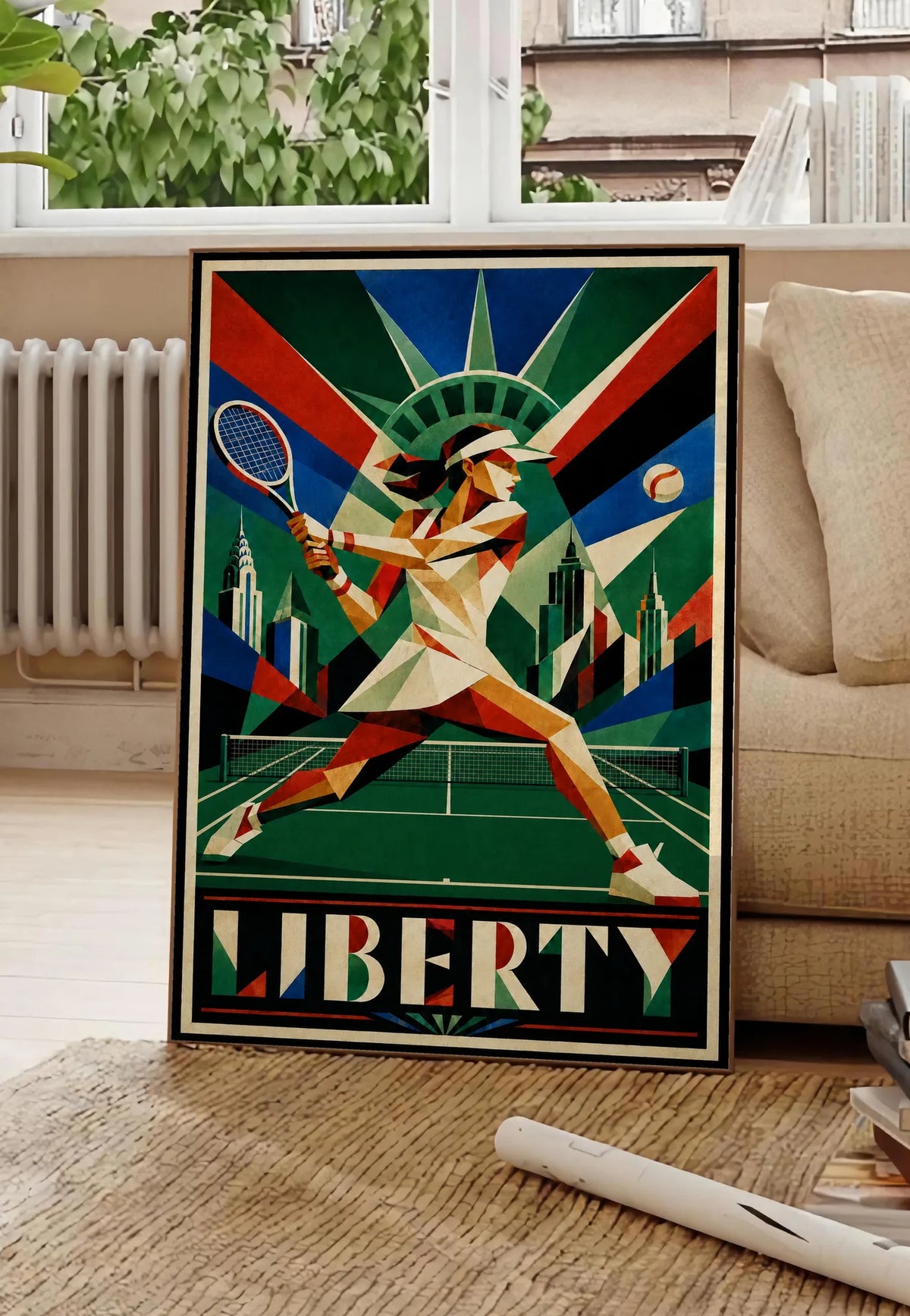 Affiche New York Tennis Femme Liberty revers, affiche Art déco de tennis new-yorkaise