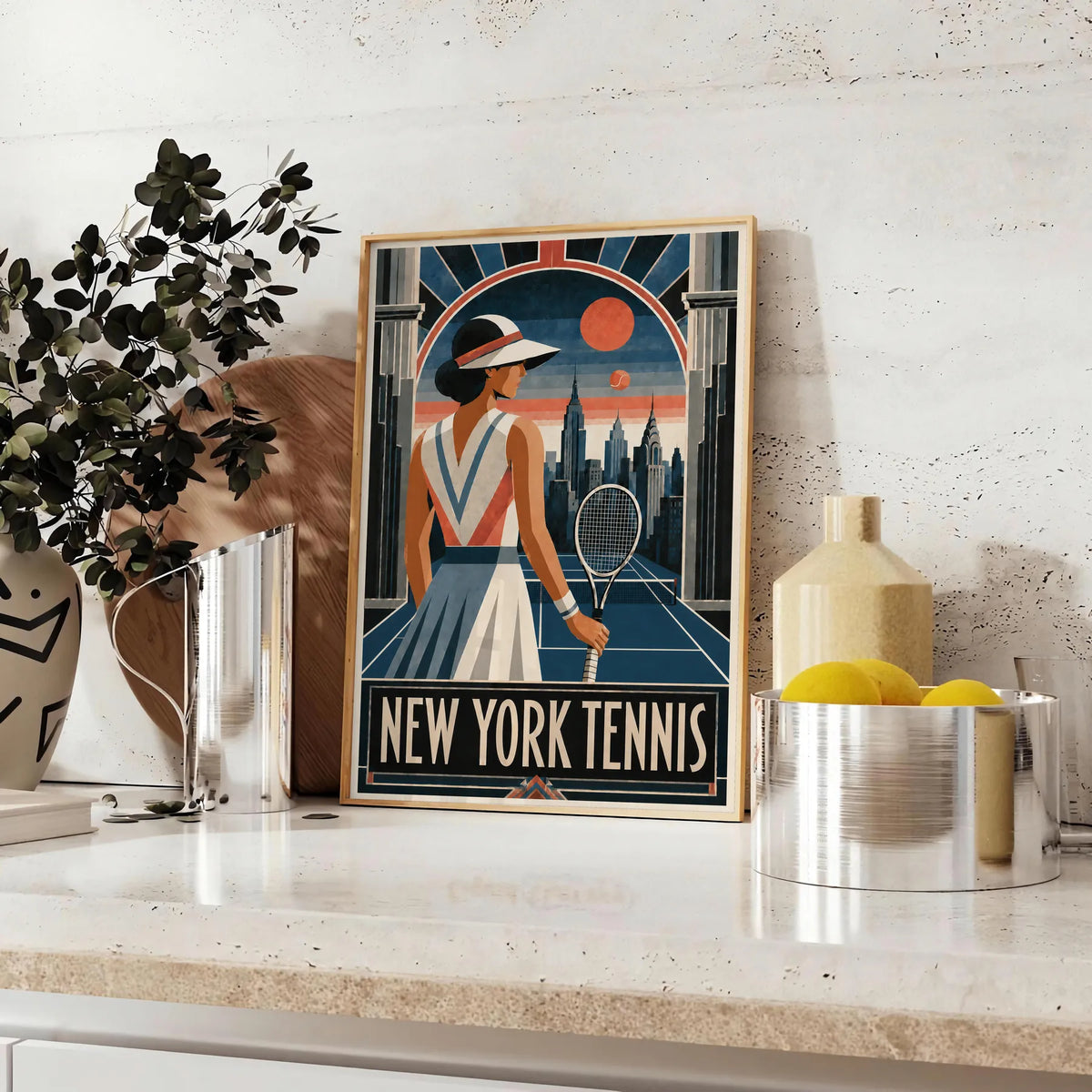 Affiche New York Tennis Femme Art Deco portrait sur court 3, affiche Art déco de tennis new-yorkaise