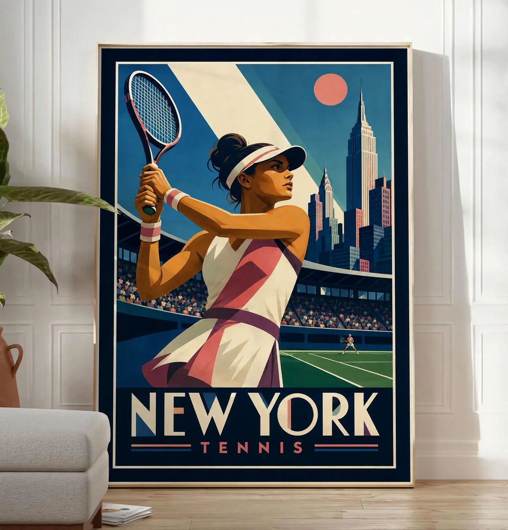 Affiche New York Tennis Tennis Female revers à deux mains Finish, affiche Art déco de tennis new-yorkaise