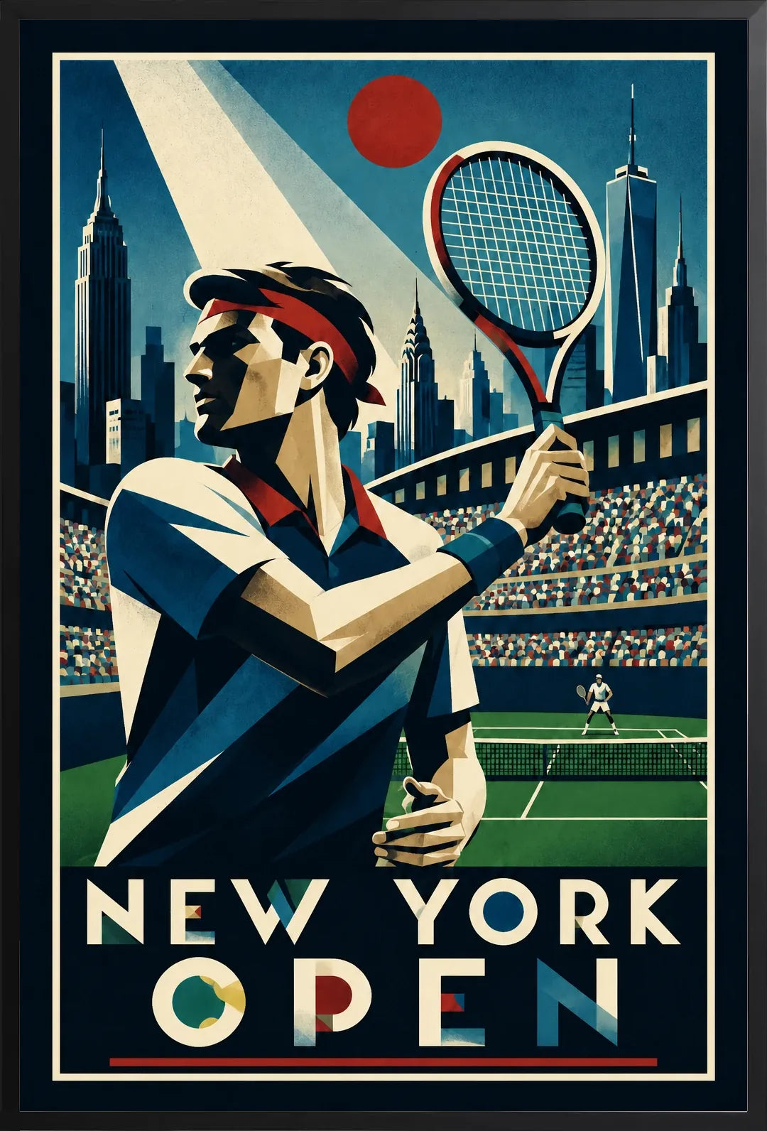 Affiche New York Tennis Open Male High Forehand Finish, affiche Art déco de tennis new-yorkaise