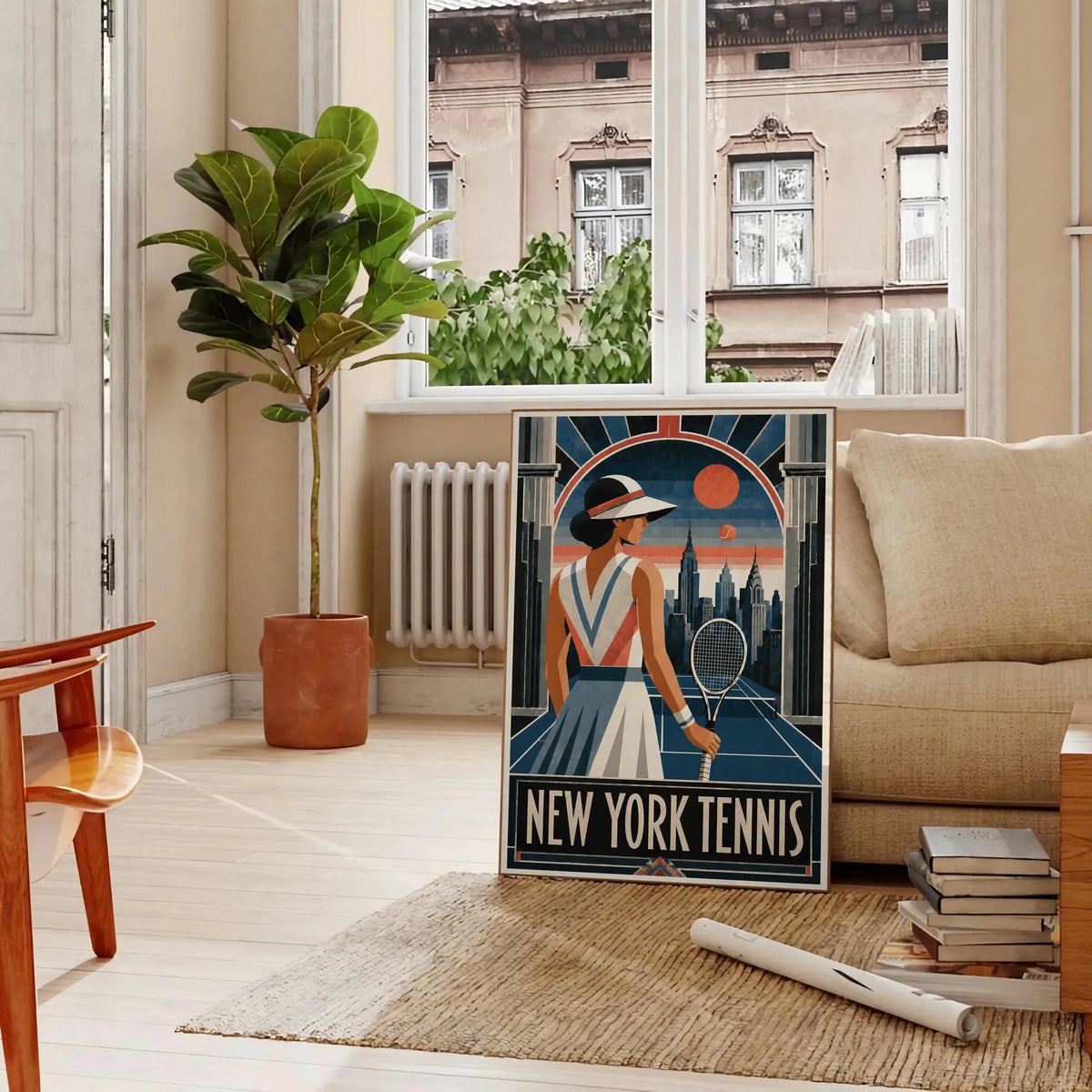 Affiche New York Tennis Femme Art Deco portrait sur court 3, affiche Art déco de tennis new-yorkaise