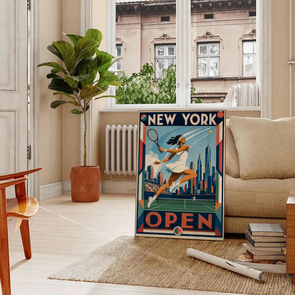 Affiche New York Tennis Open Female Leaping One Hand revers, affiche Art déco de tennis new-yorkaise