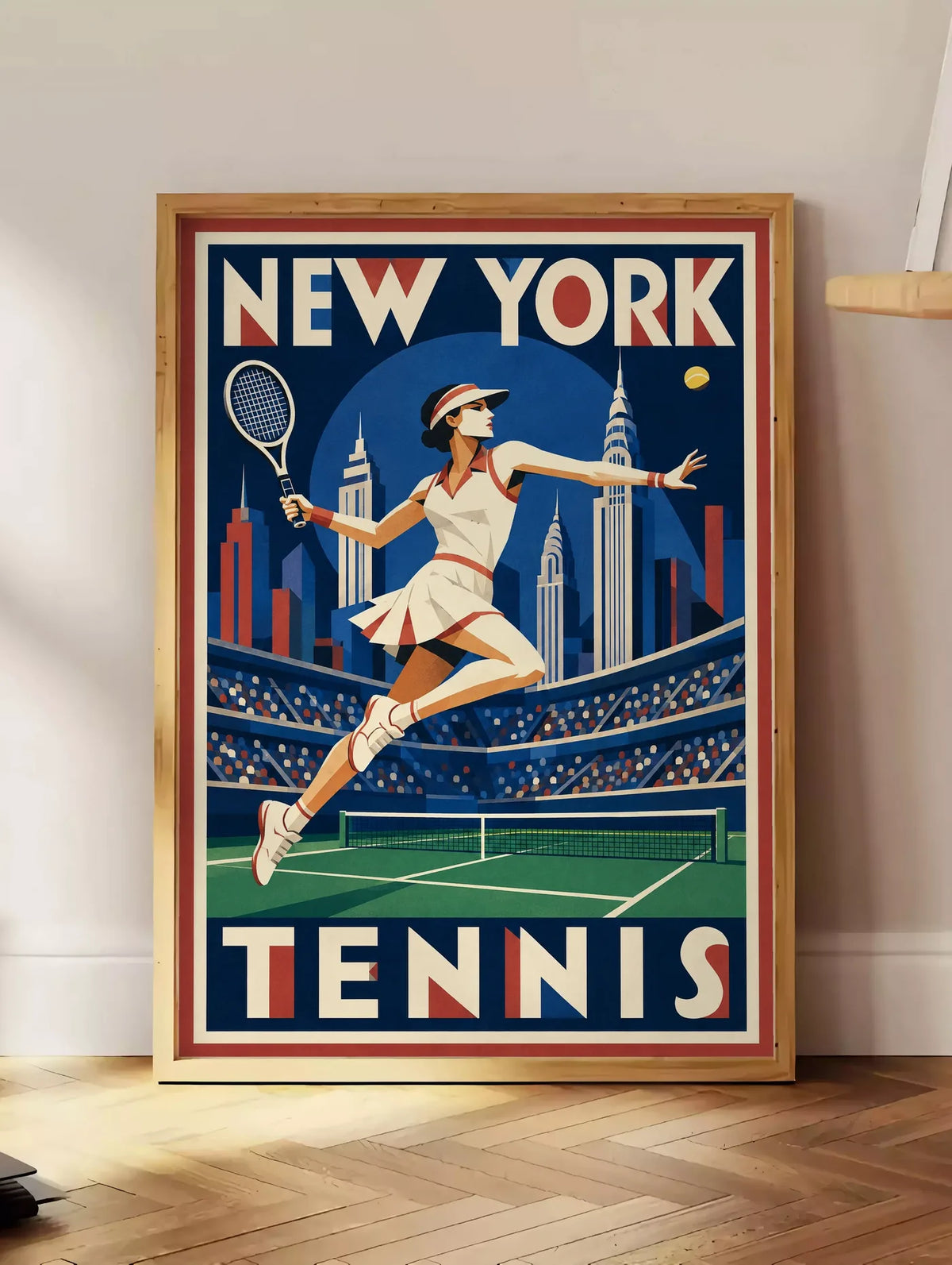 Affiche New York Tennis Tennis Female action offensive, affiche Art déco de tennis new-yorkaise