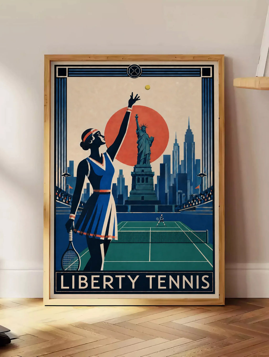 Affiche New York Tennis Liberty Tennis Femme service, affiche Art déco de tennis new-yorkaise