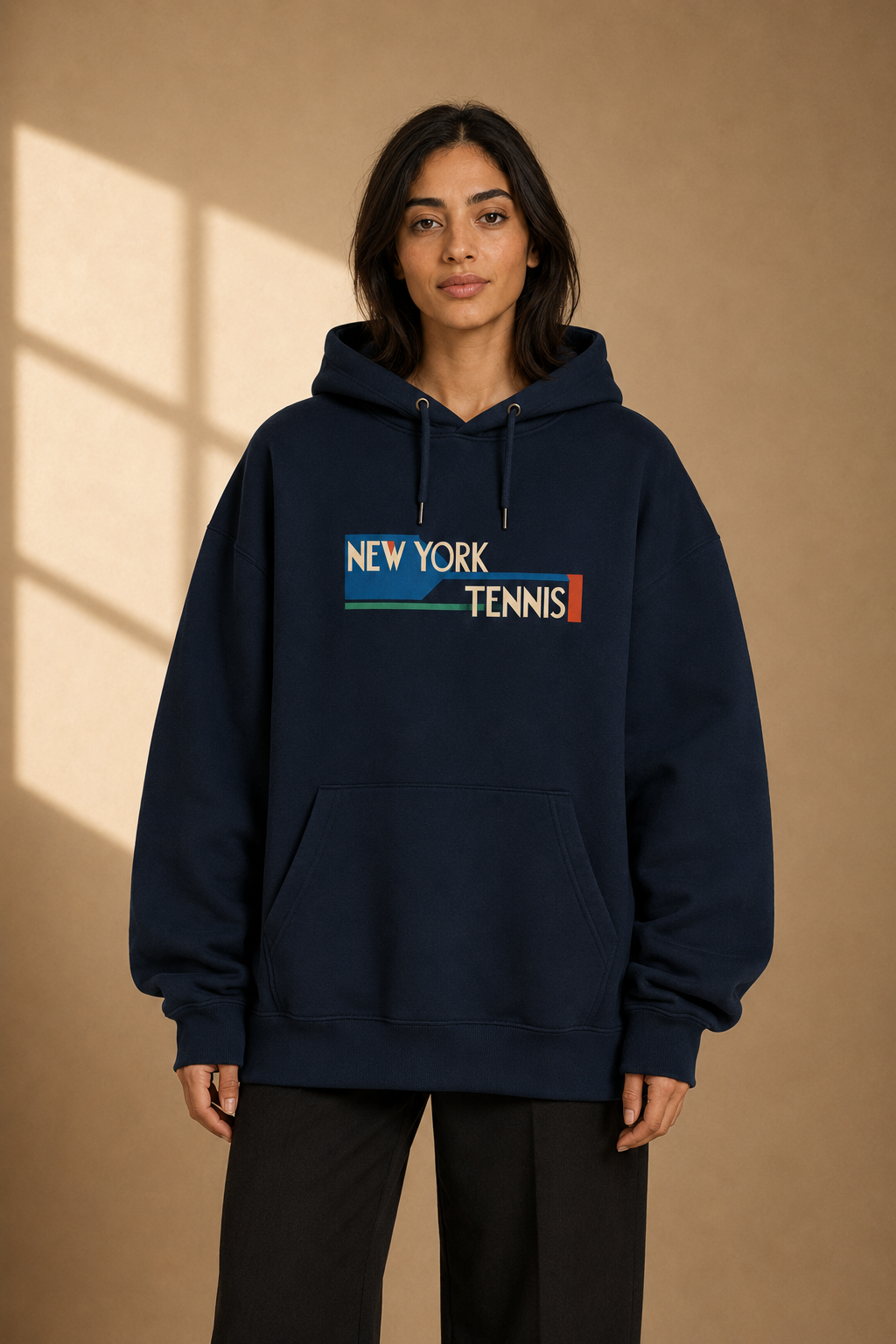 Sweat à capuche New York Tennis Escaliers 12. design textile unisexe [color:navy] [view:front]