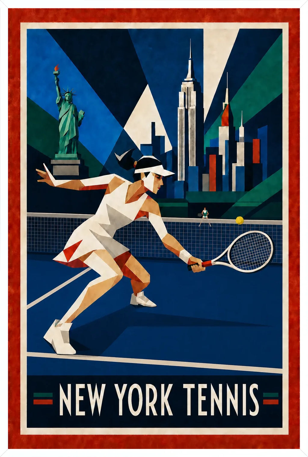 Affiche New York Tennis Geometric Femme Low demi-volée, affiche Art déco de tennis new-yorkaise