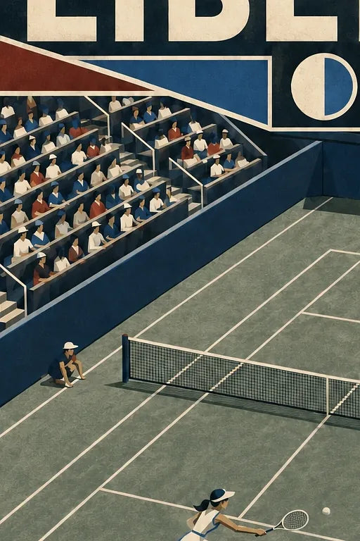 Affiche New York Tennis Liberty Tennis 1977 Femme Har-Tru dernière année, affiche Art déco de tennis new-yorkaise