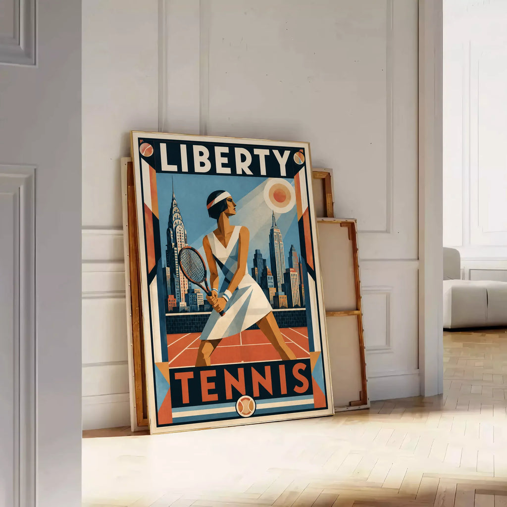 Affiche New York Tennis Femme panorama new-yorkais prêt Pose, affiche Art déco de tennis new-yorkaise
