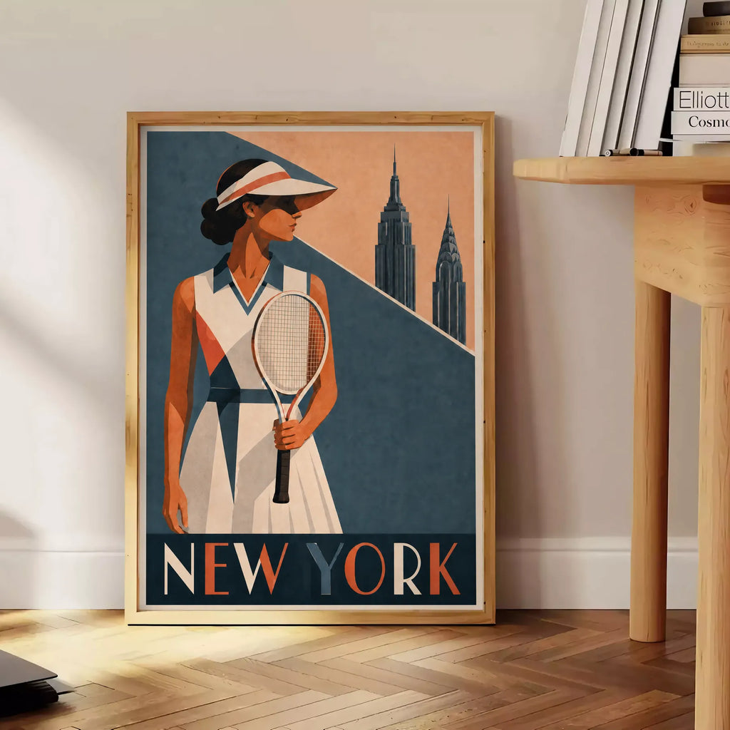 Affiche New York Tennis Femme Coral profil, affiche Art déco de tennis new-yorkaise