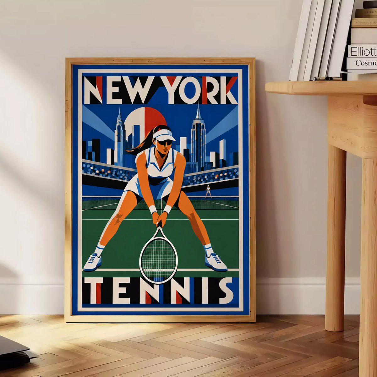 Affiche New York Tennis New York Tennis Femme Crouched revers, affiche Art déco de tennis new-yorkaise