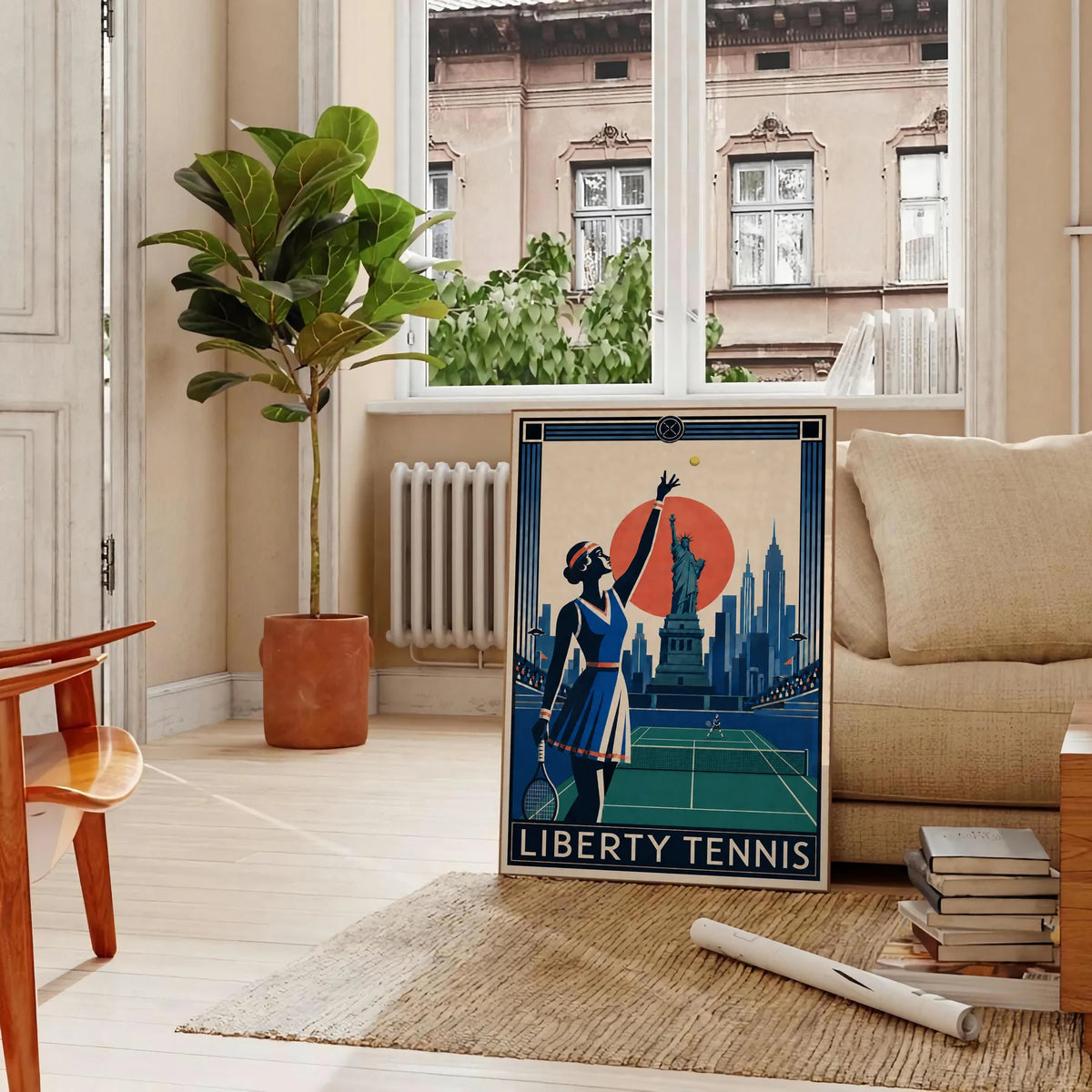 Affiche New York Tennis Liberty Tennis Femme service, affiche Art déco de tennis new-yorkaise