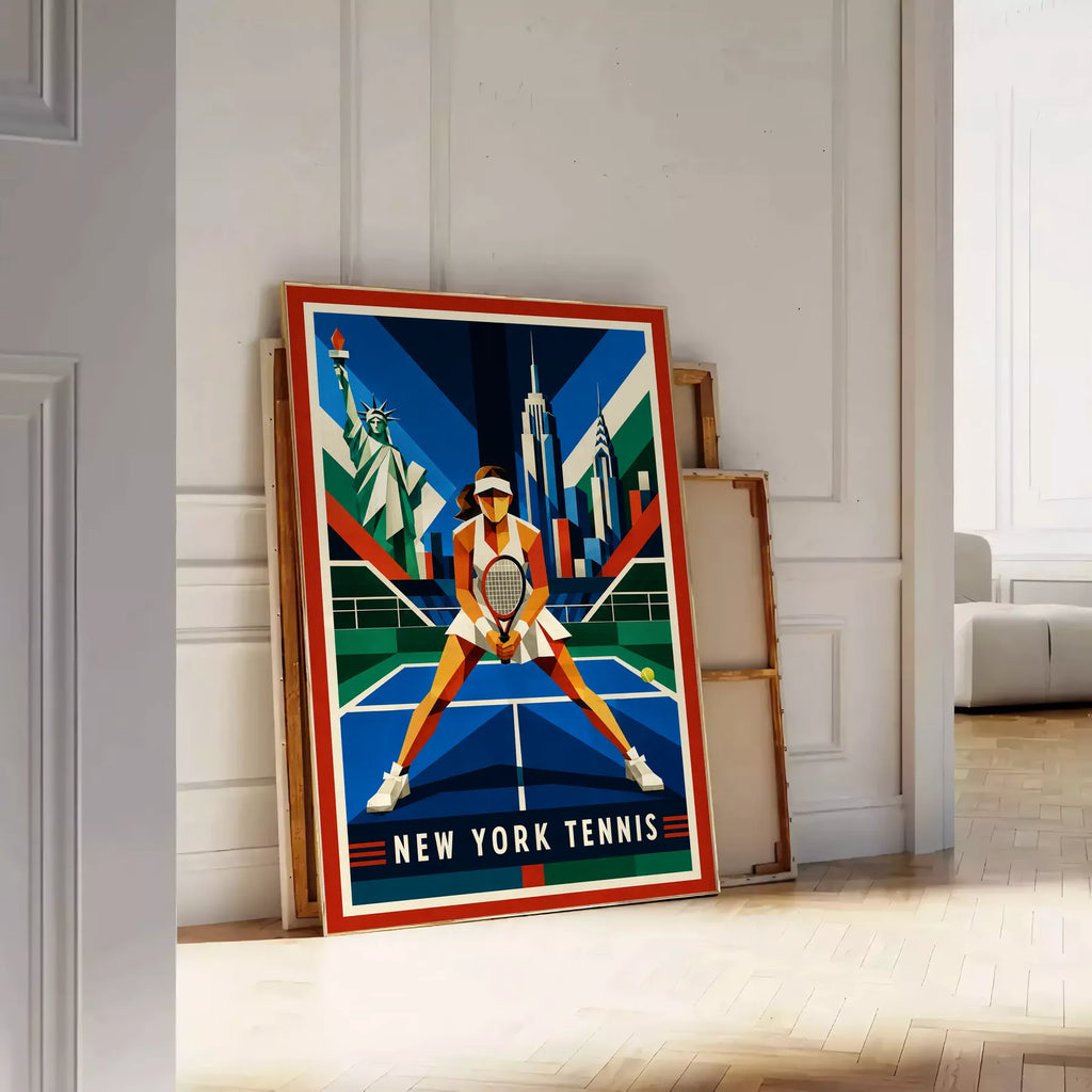 Affiche New York Tennis Geometric Femme Split Step prêt, affiche Art déco de tennis new-yorkaise
