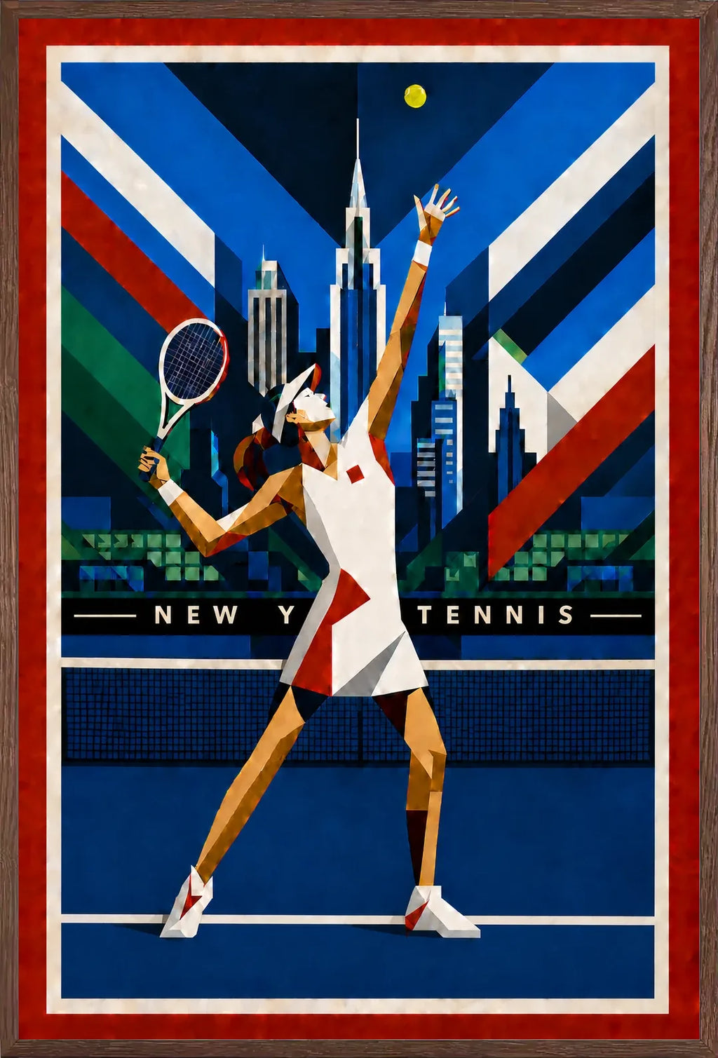 Affiche New York Tennis Geometric Femme service vers le trophée, affiche Art déco de tennis new-yorkaise