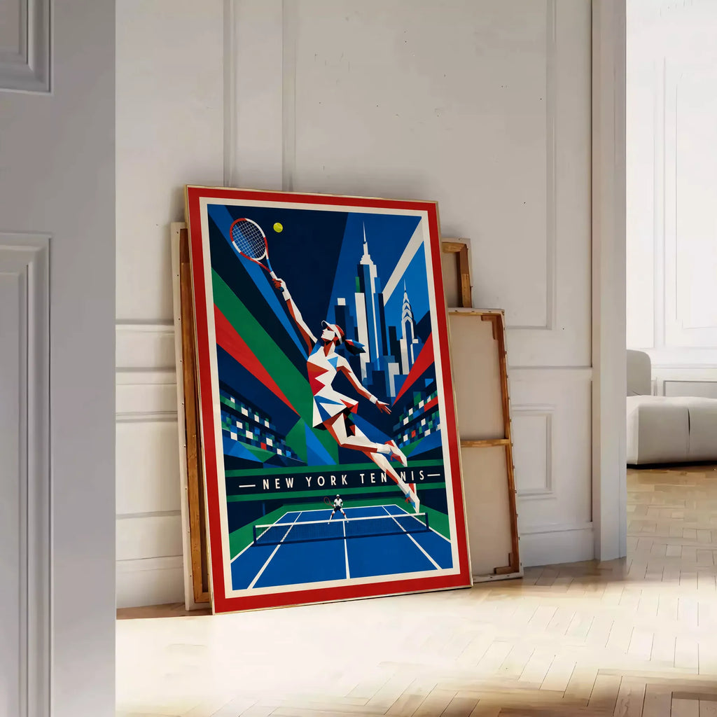 Affiche New York Tennis New York Tennis Femme action offensive, affiche Art déco de tennis new-yorkaise