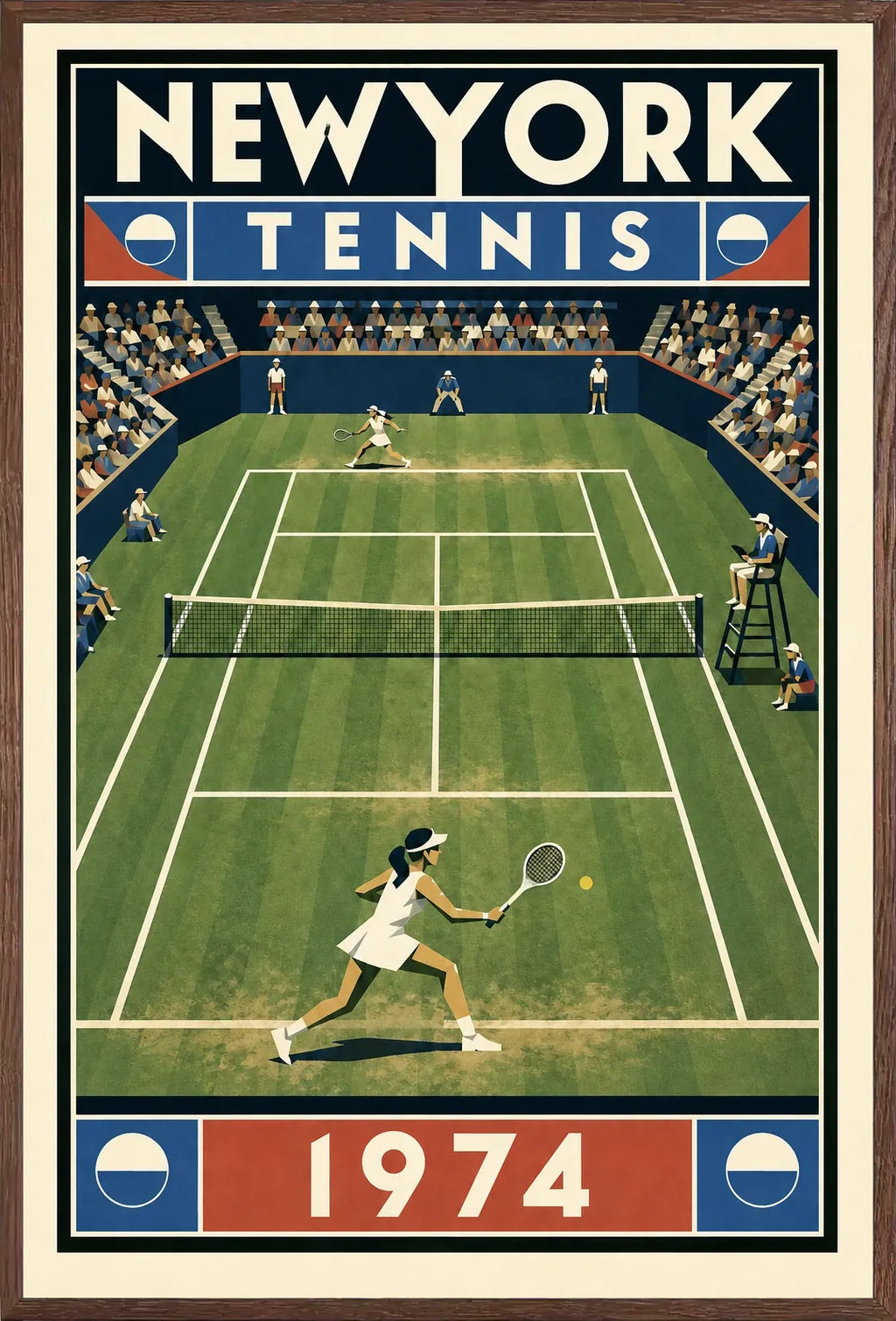 Affiche New York Tennis New York Tennis 1974 Femme gazon volée Court, affiche Art déco de tennis new-yorkaise